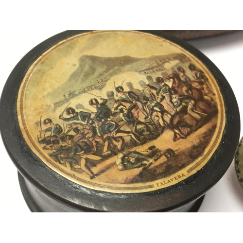 906 - A collection of Victorian snuff and other boxes including one with ' The Battle of Talavera ' design... 