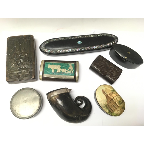 907 - A collection of Victorian snuff boxes including a French illustration of Adam and Eve titled le frui... 