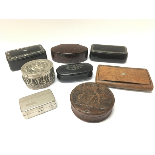 909 - A collection of Victorian And other snuff boxes including a French box with illustration titled ' Th... 