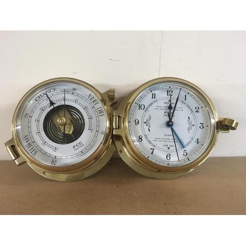 957 - A Brass ships FCC precision barometer and wall clock