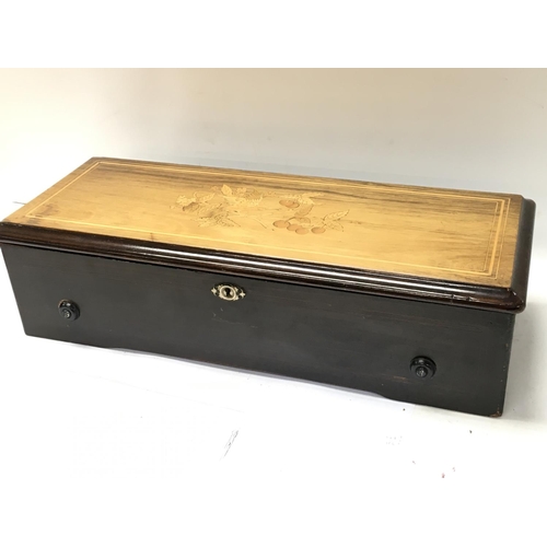 964 - A Rosewood Victorian music box, with an inlaid top Kingfisher with berries. Dimensions 22x56.5x15cm ... 