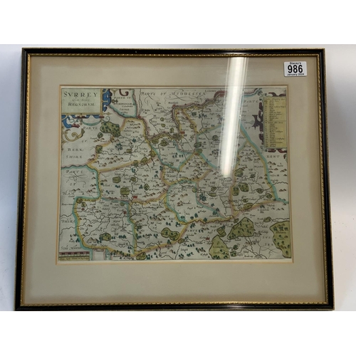 986 - A framed John Norden map of Surrey, 51cm x 43cm (D)