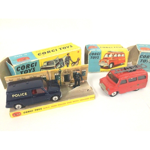 11 - A Boxed Corgi B.M.C. Mini Police Van With Tracker Dog. #448. A Bedford fire Tender #423 and a forwar... 