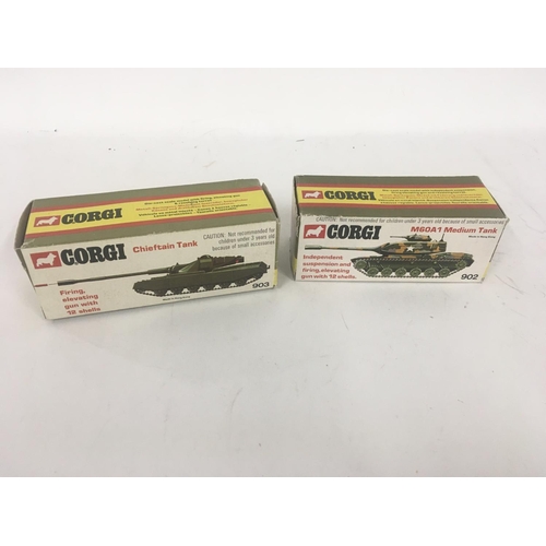 163 - 2x boxed Corgi diecast model tanks. 903 CHIEFTAIN TANK and 902 M60AI MEDIUM TANK