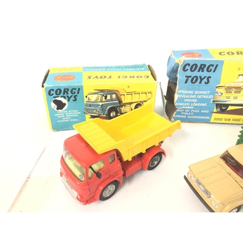 17 - A Boxed Corgi Bedford Tipper Truck #494. A Dodge Livestock Transporter (No Animals) #484 and a Fords... 