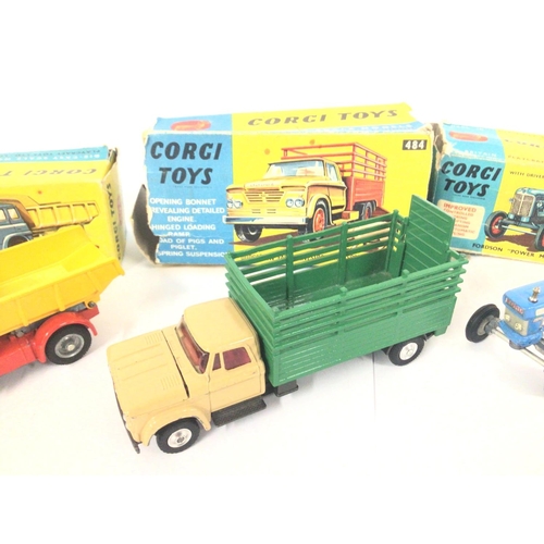 17 - A Boxed Corgi Bedford Tipper Truck #494. A Dodge Livestock Transporter (No Animals) #484 and a Fords... 