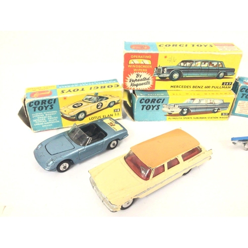 18 - A Boxed Corgi Lotus Elan #318. A Mercedes Benz 600 Pullman #247. A Four Furrow Plough #61 and a Plym... 