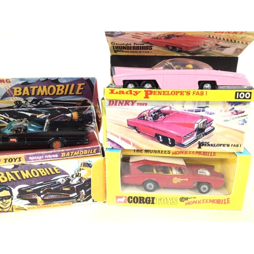 51 - 4 Boxed Corgi And Dinky Vehicles in Repro Boxes inc2 X Batmaobiles. A FAB 1 and a Monkeemobile.