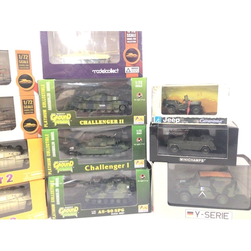 664 - A Collection of Boxed Diecast Tanks and Other Military Vehicles. Including MiniChamps. cararama. Mod... 