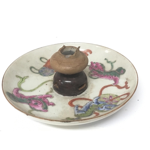 1011 - An unusual Chinese Export porcelain incense dish the centre with a small applied raised pot handle b... 