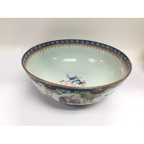 1025 - A blue and white bowl decorated with a geisha to the centre and six character marks to the base, app... 