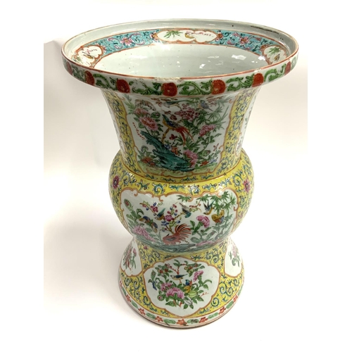 1049 - A 19thC Cantonese porcelain yellow ground double ended vase, H.38.5cm x D.25.5cm