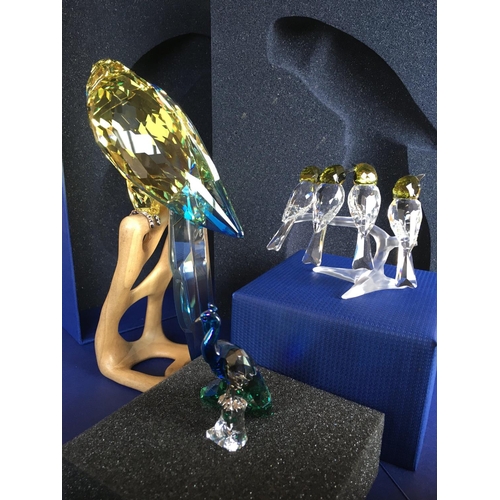 1132 - Three Swarovski bird figures including very large parakeet on wooden stand and a peacock. No obvious... 