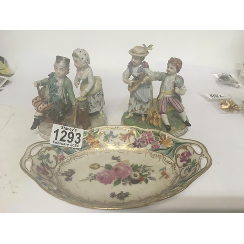 1293 - A pair of Dresden figures and a oval dish