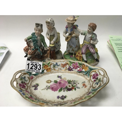 1293 - A pair of Dresden figures and a oval dish