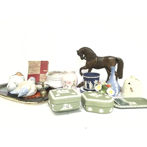 1328 - A Collection of ceramics including wedgewood jasper ware, a Beswick pot, horse bronze door stop etc