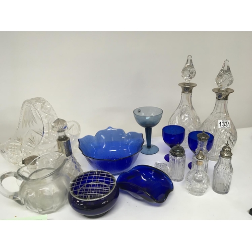 1331 - A pair of silver collard and cut glass decanters blue glass a cut glass basket and Darlington boxed ... 