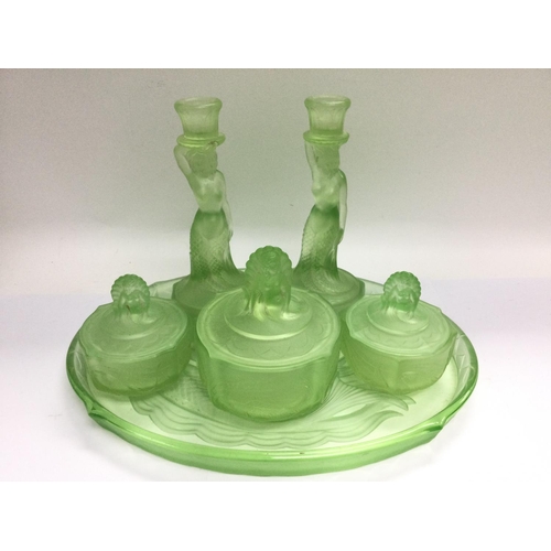 1336 - A 1930s Bagley green glass dressing table set. Shipping category D.