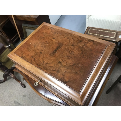 1461 - A reproduction bow fronted small mahogany chest of drawers, Torchere stands and a walnut burr topped... 