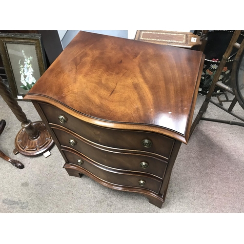 1461 - A reproduction bow fronted small mahogany chest of drawers, Torchere stands and a walnut burr topped... 