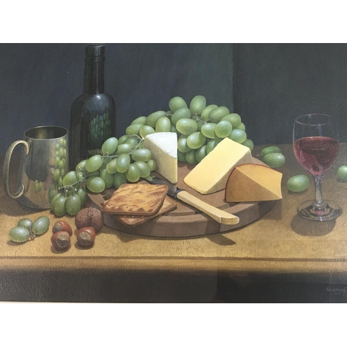 1605 - A framed Acrylic painting Still life study Cheese and grapes. The painting Entitled Late Evening by ... 