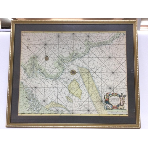 1611 - A framed map of the East Coast of England by Captain Greenville Collins, frame dimensions 56x67.5cm.... 