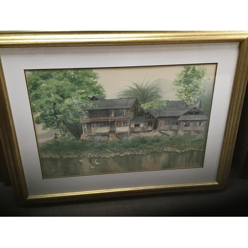 1619 - Three large Chinese 20th century gilt framed paintings landscape scene and rivers. 104x80cm- NO RESE... 