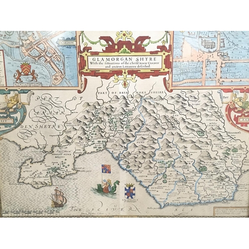 1627 - Framed map, Glamorgan Shyre With the Sittuations of the Cheife towne Cardyff and ancient Landaffe de... 