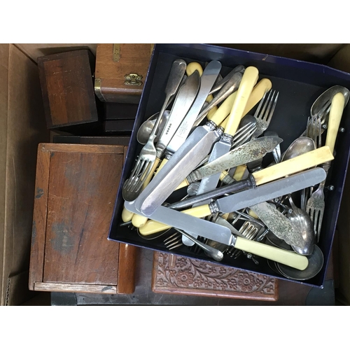 2126 - A collection of mixed Wooden boxes, cutlery Including Mappin and Webb etc and a collection of metalw... 