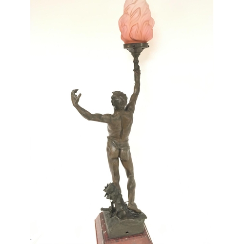 903 - A large spelter Georges Bareau Vox pacis Lamp, signed and dated 1894. 87cm tall. Postage category D