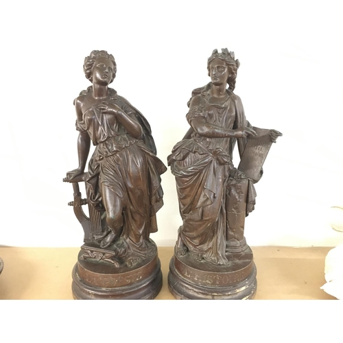 904 - Two spelter figurines. LA Poesie and L Histoire. 55cm tall and 22cm wide.Postage D