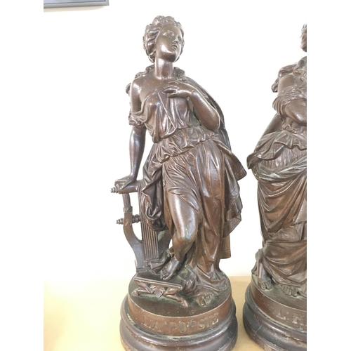 904 - Two spelter figurines. LA Poesie and L Histoire. 55cm tall and 22cm wide.Postage D