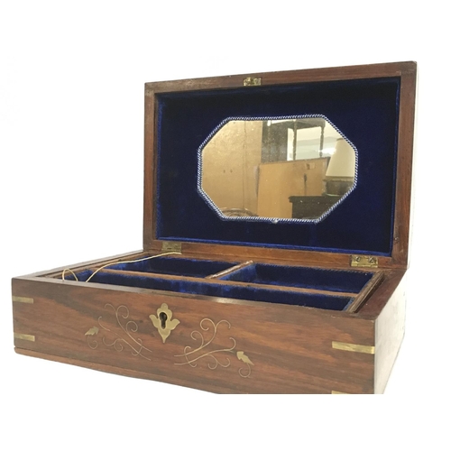 915 - A wooden box inlaid with brass, key, tray and interior mirror. Approximate dimensions 20x30x12.5cm. ... 