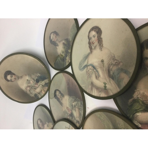 961 - A collection of eight circular prints depicting Victorian maidens 19 cm