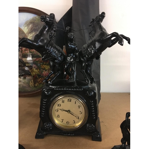 966 - A spelter clock set in the form of Marley horses. 30 cm , 20 cm