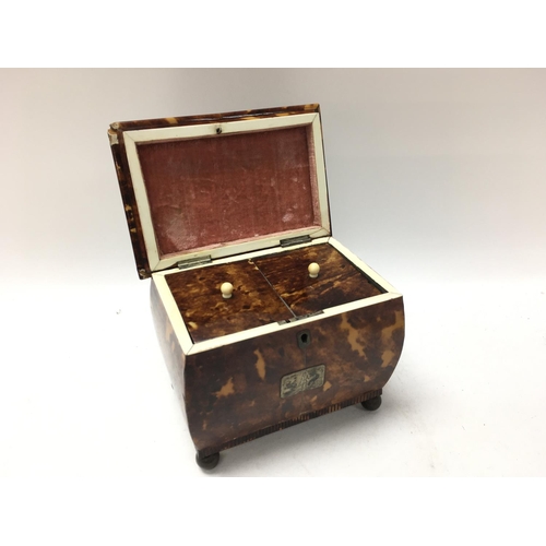 989 - A tortoiseshell tea caddy with hinge lid enclosing 2 compartments. On brass circler feet. 15cm x 16c... 