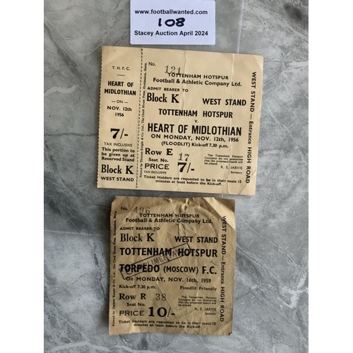 108 - 1950s Tottenham Home Friendly Football Tickets: Unused 1956 v Hearts with counterfoil attached and 1... 