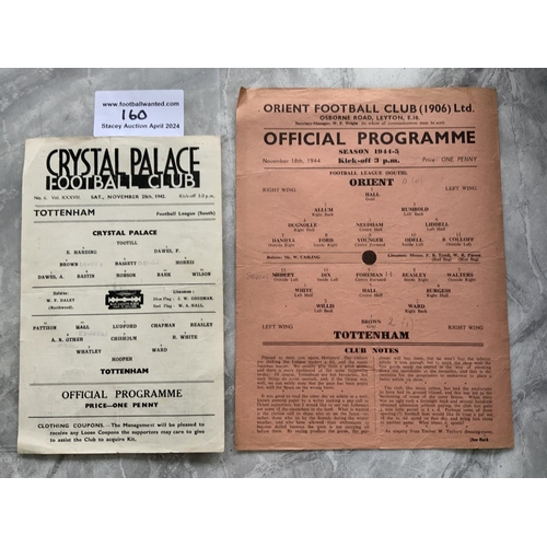 160 - Tottenham Wartime Away Football Programmes: Single sheets at Orient 28 11 1942 and Orient 18 11 1944... 