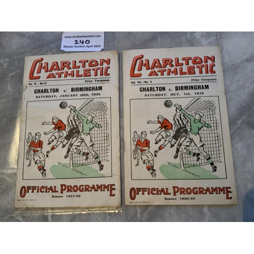 240 - 37/38 + 38/39 Charlton v Birmingham City Football Programmes: Good condition programmes with no team... 