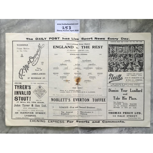 253 - 1930 England Trial Football Programme At Everton: Dated 12 3 1930 played at Goodson Park between Eng... 