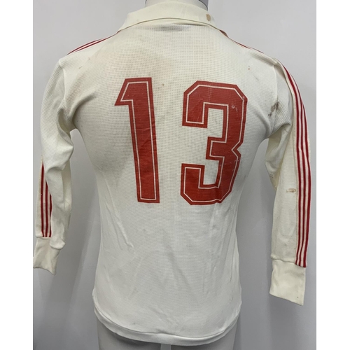 26A - 1976 Don Revie X1 Johnny Giles Testimonial Football Shirt: Long sleeve white with red trim ONeills s... 