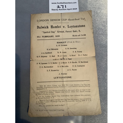 271 - 1919 - 1920 London Senior Cup Semi Final Football Programme: Leytonstone v Dulwich Hamlet played at ... 