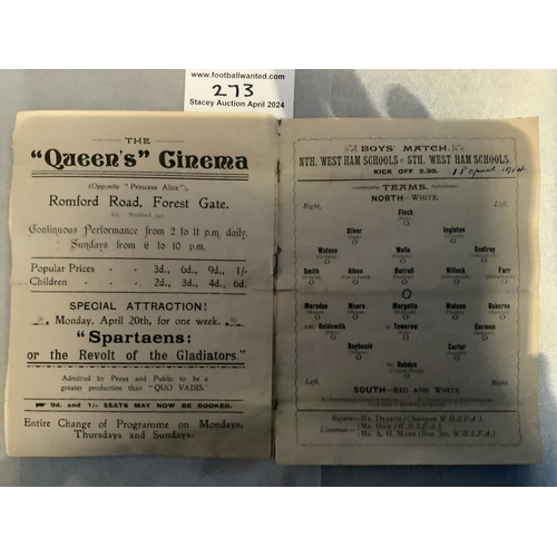 273 - 1913 - 1914 West Ham Hospital Cup Two Match Football Programme: Clapton v Leytonstone in the West Ha... 