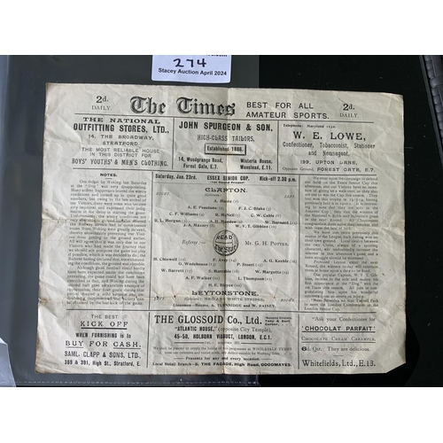 274 - 25/26 Clapton v Leytonstone Football Programme: Essex Senior Cup match played at the Old Spotted Dog... 