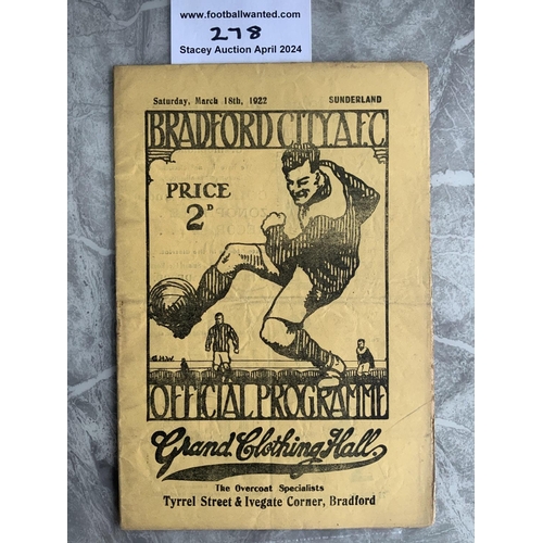 278 - 1921 - 1922 Bradford City v Sunderland Football Programme: Good condition first division match with ... 