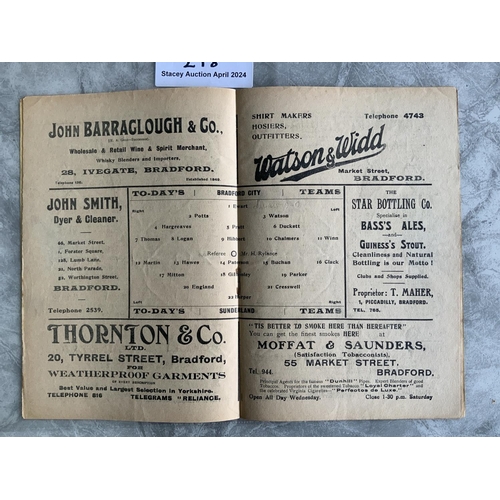 278 - 1921 - 1922 Bradford City v Sunderland Football Programme: Good condition first division match with ... 