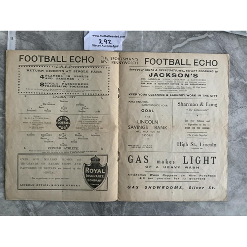 292 - 38/39 Lincoln City v Oldham Athletic Football Programme: Fair/good condition league match with no te... 