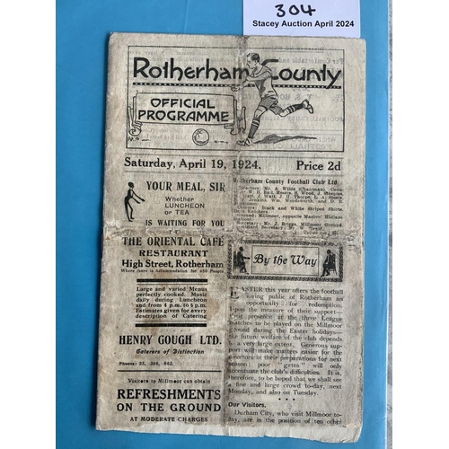 304 - 1923 - 1924 Rotherham County v Durham Football Programme: Poor/fair condition 3rd division match wit... 