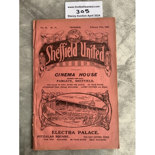 305 - 1921 - 1922 Sheffield United v Blackburn Rovers Football Programme: Excellent condition ex bound fir... 