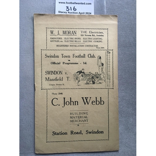 316 - 37/38 Swindon Town v Mansfield Football Programme: Very good condition league match with no team cha... 